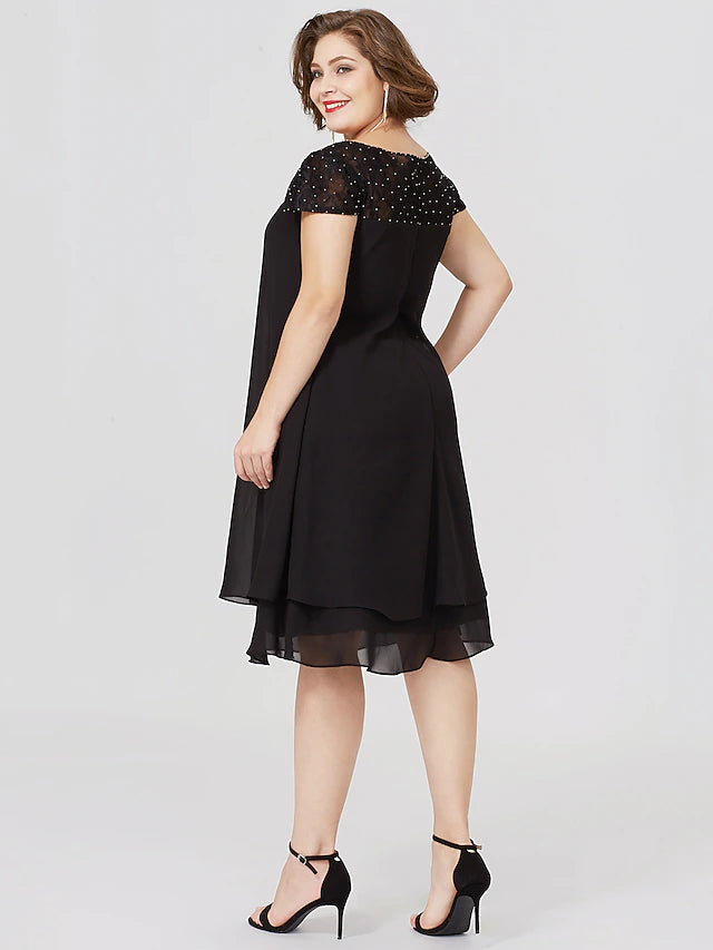 Etuikleid/Säulenkleid, formelles kleines Schwarzes, Übergröße, durchsichtig, Rundhalsausschnitt, knielang, Chiffon, Spitze, kurze Ärmel, nein, mit Falten, Perlenbesatz, Spitzeneinsatz
